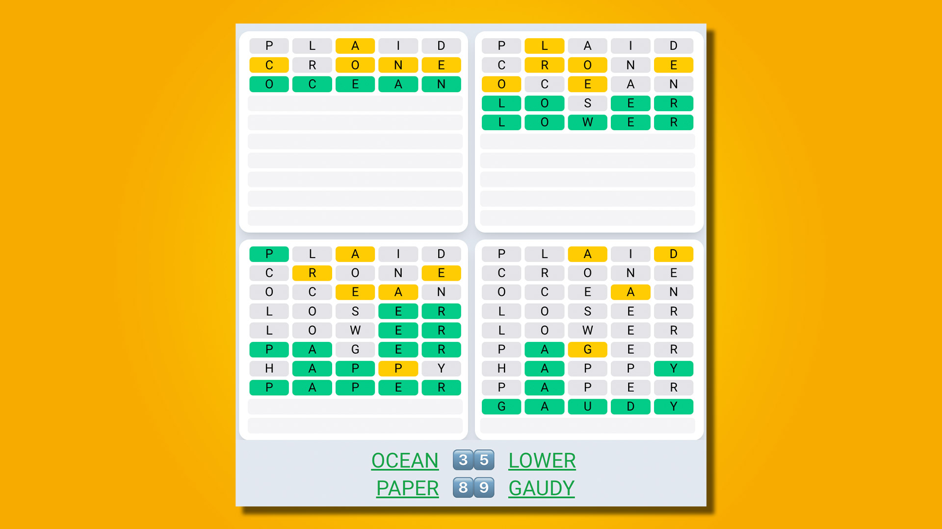 Quordle Daily Sequence answers for game 511 on a yellow background