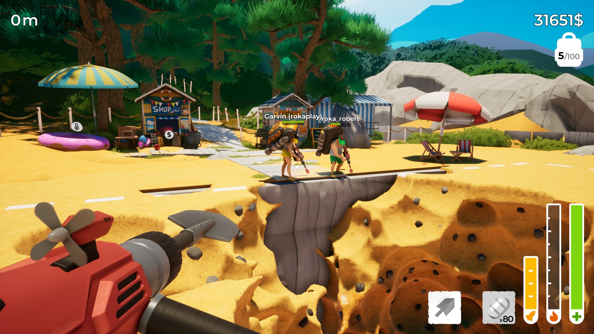 In A Game About Digging A Hole Together, the player character looks on as two friends dig a hole on a beachfront