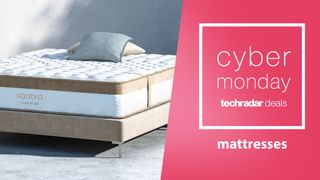 Saatva Loom & Leaf mattress with Cyber Monday mattress deals graphic overlaid