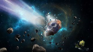 An illustration of a metallic-looking asteroid in space, getting impacted by another space rock.