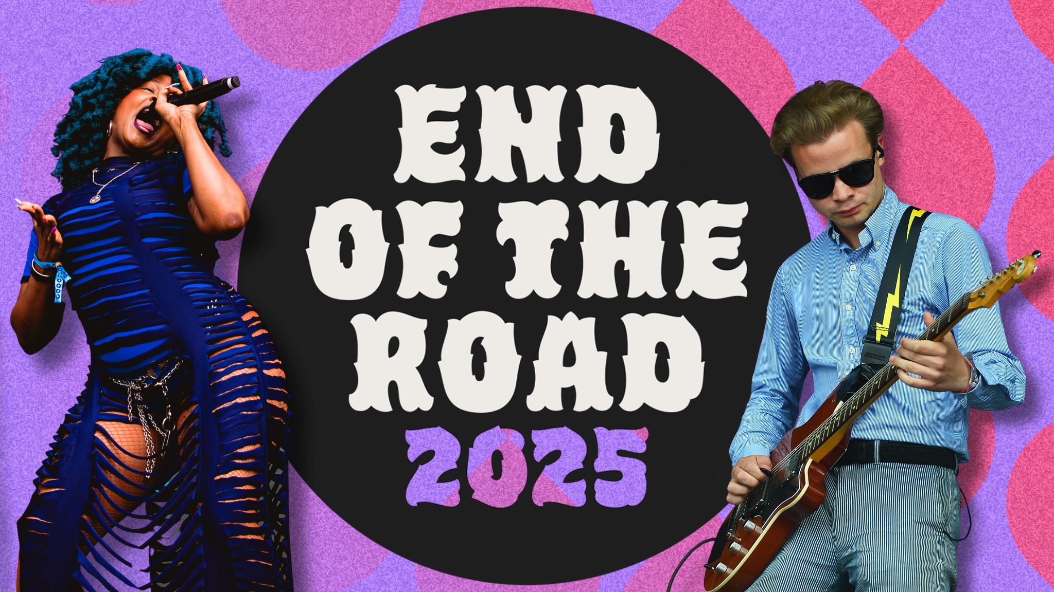 Geordie Greep of Black Midi and Moonchild Sanelly in front of the End of the Road festival logo