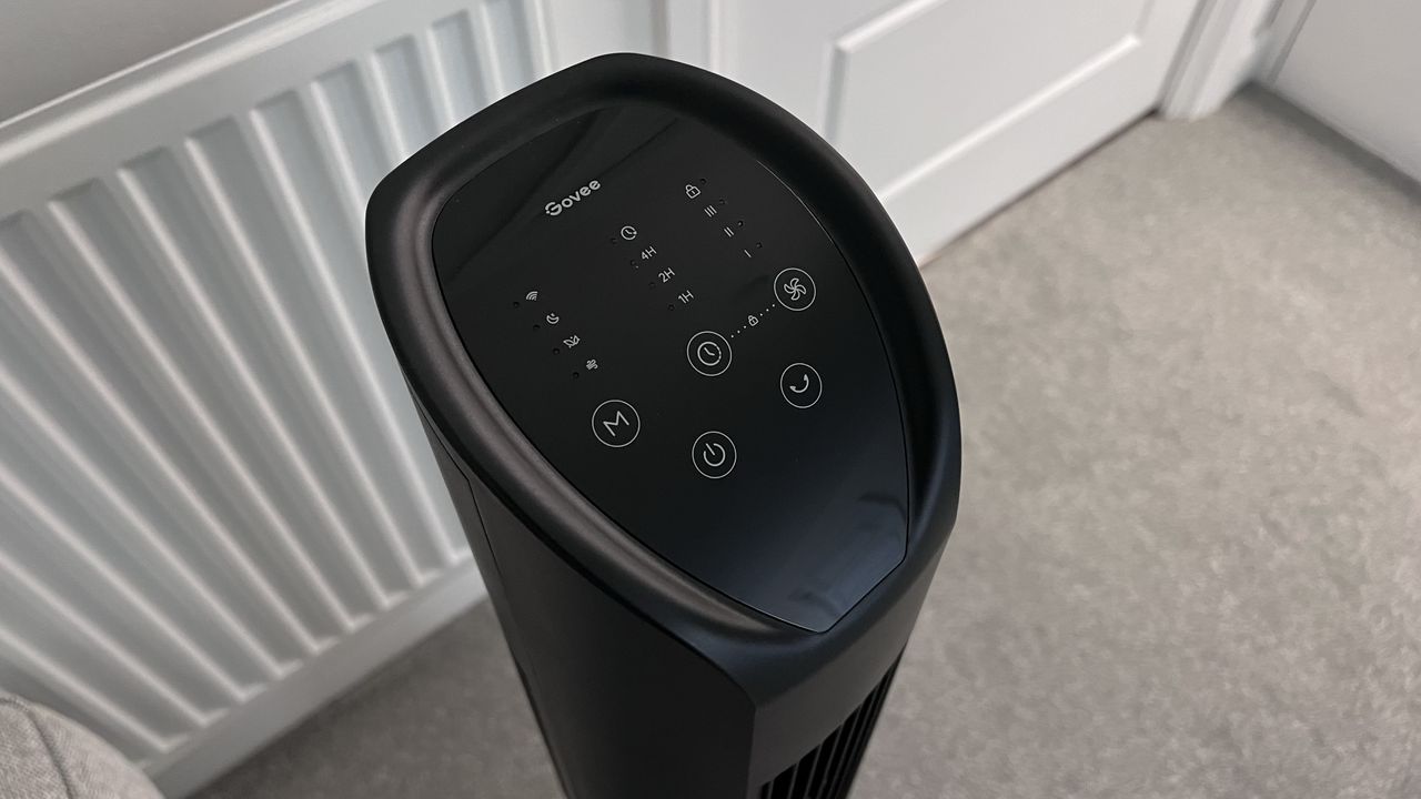 Govee Smart Tower Fan in use during testing by author