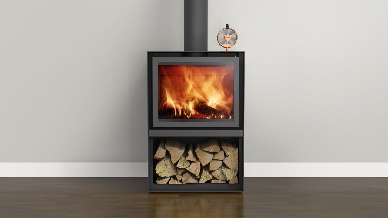 modern log burner with log storage