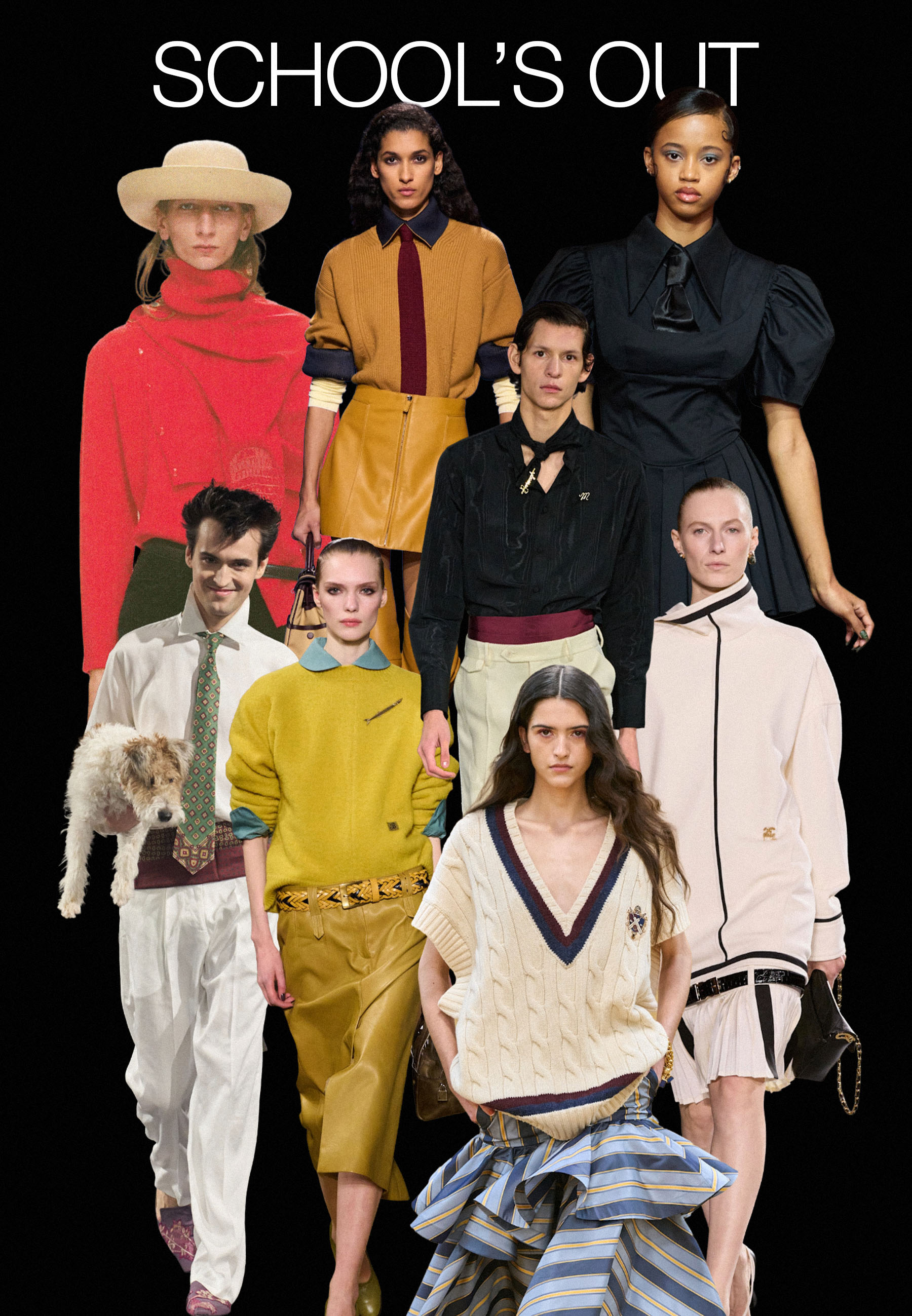Collage of models on the autumn/winter 2026 runways for Celine, Conner Ives, Zimmerman, Tory Burch, Chanel, Tolu Coker, Ralph Lauren wearing the preppy trend 'school's out.'