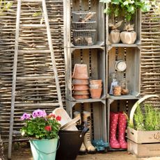 garden with wooden crates and ladder