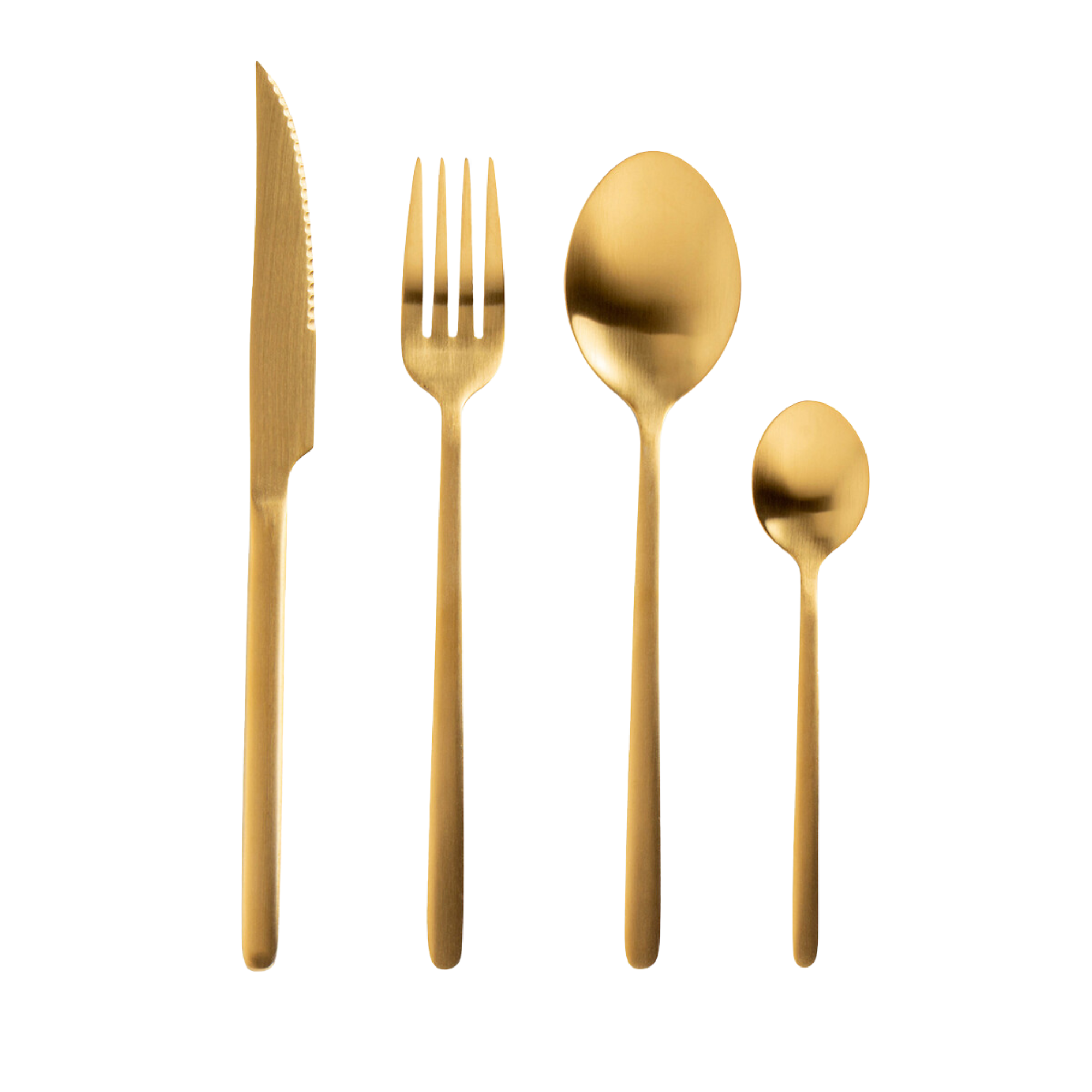 gold cutlery set with a knife, fork, and two spoons