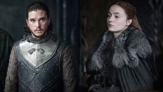 From left to right: Kit Harington in Game of Thrones looking forward and Sophie Turner in Game of Thrones looking to her left. 