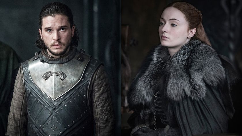 From left to right: Kit Harington in Game of Thrones looking forward and Sophie Turner in Game of Thrones looking to her left. 