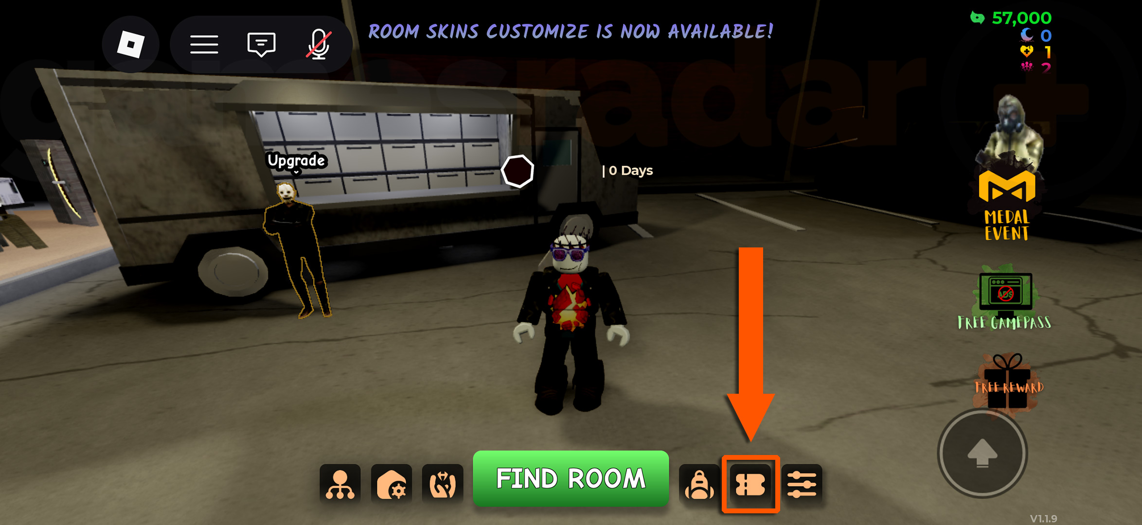 An arrowing showing how to open the menu to redeem Keep the Door Locked codes
