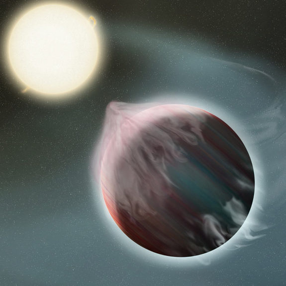 An artist&#039;s depiction of an early stage in the destruction of a &quot;hot Jupiter&quot; (a gas giant with a very close orbit) by its star.