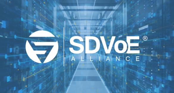 The SDVoE Alliance logo over a warehouse.