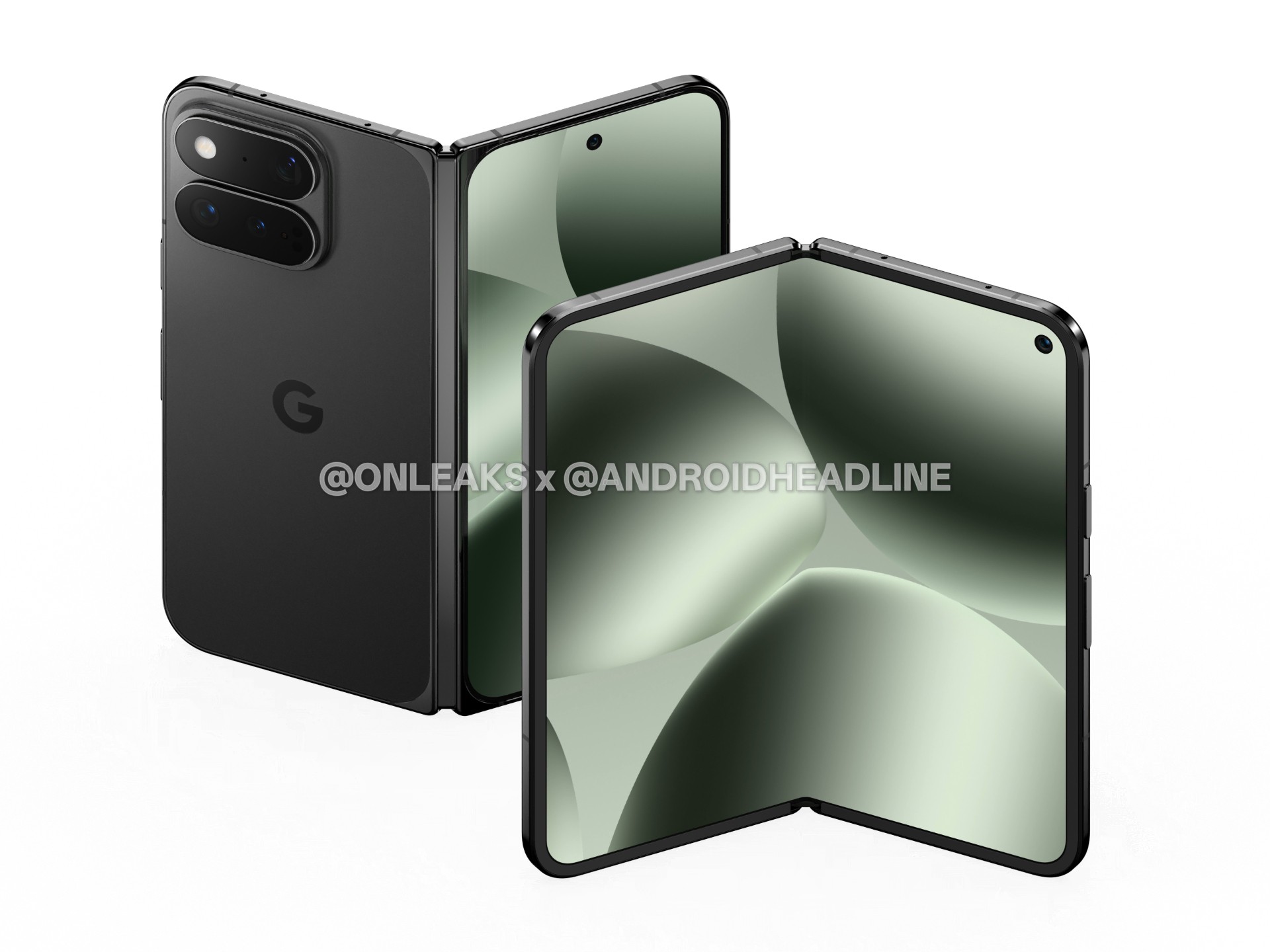 An alleged glimpse at the Google Pixel 11 Pro Fold in what appears to be a Moonstone (black) colorway, in angles ranging from straight on to side views.