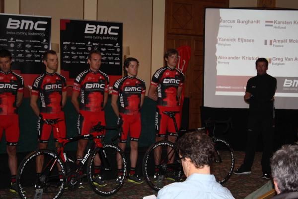 BMC's John Lelangue introduces his riders to the press.