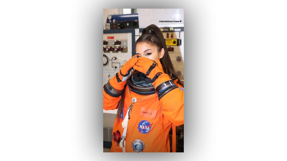 Singer Ariana Grande dons a NASA spacesuit during a visit to Mission Control at NASA&#039;s Johnson Space Center in Houston on May 18, 2019.