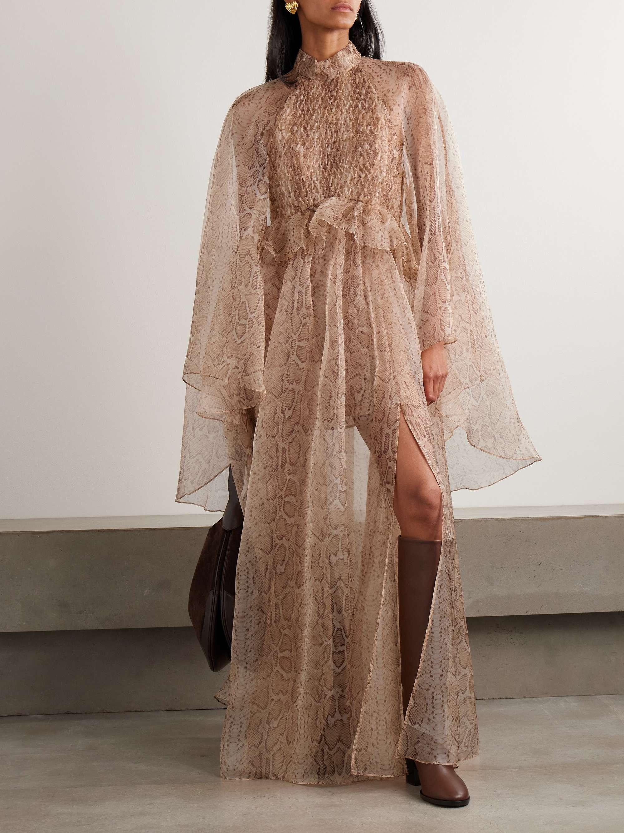 Wrap-Effect Asymmetric Gathered Silk-Georgette Turtleneck Midi Dress