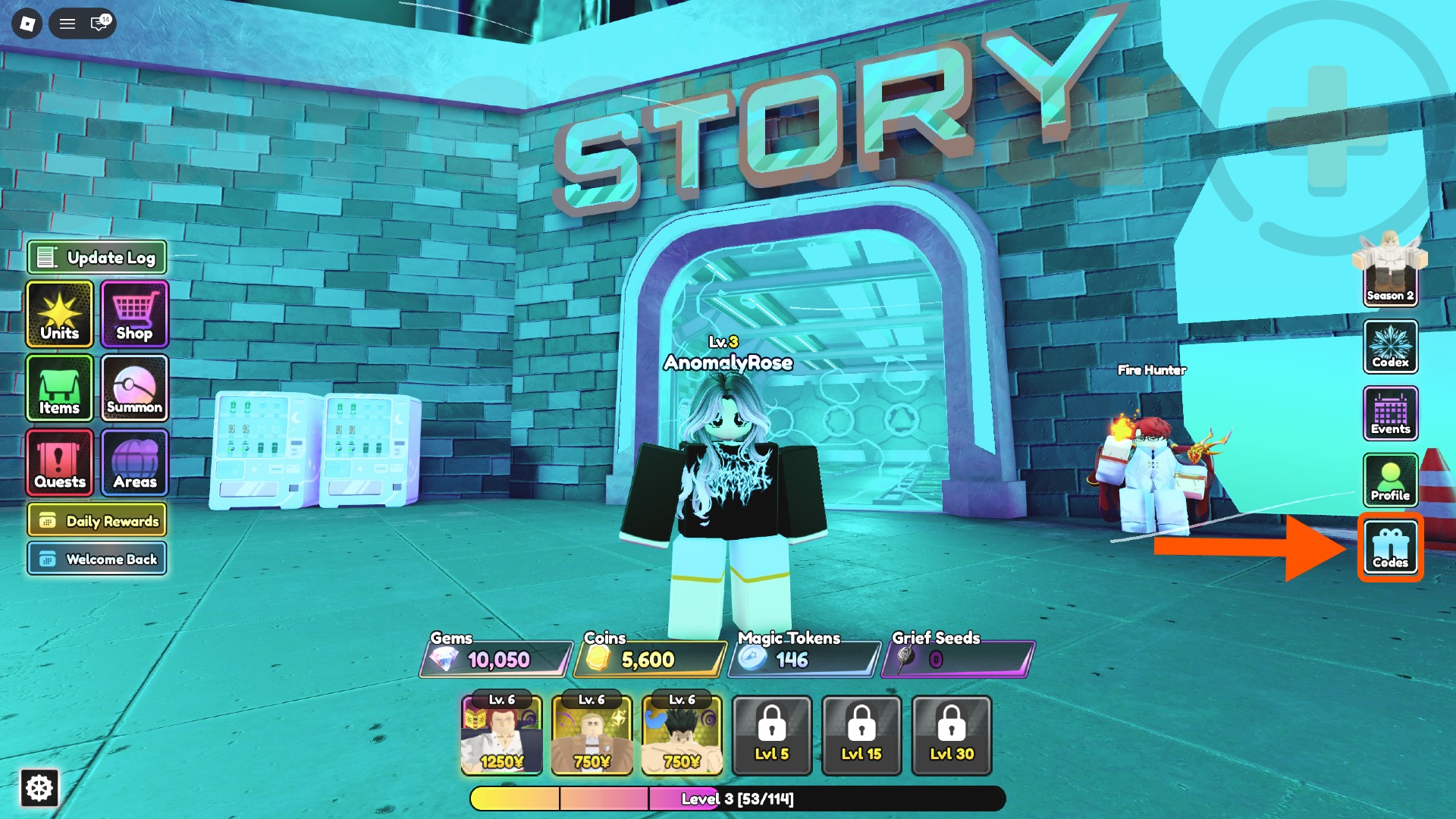 An arrow points to the Codes button in Anime Ascendants.