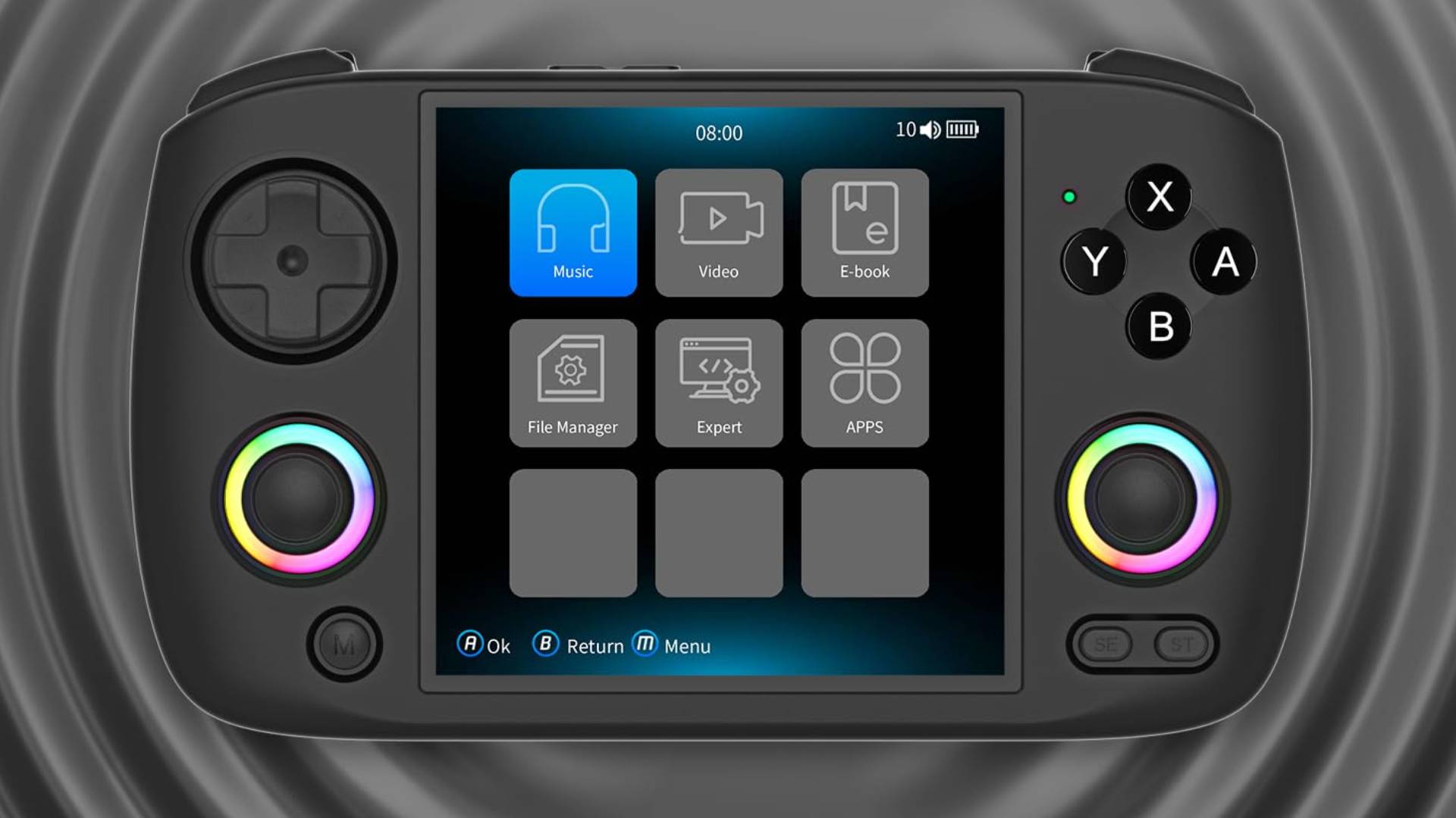 Anbernic RG CubeXX handheld in black with grey backdrop.