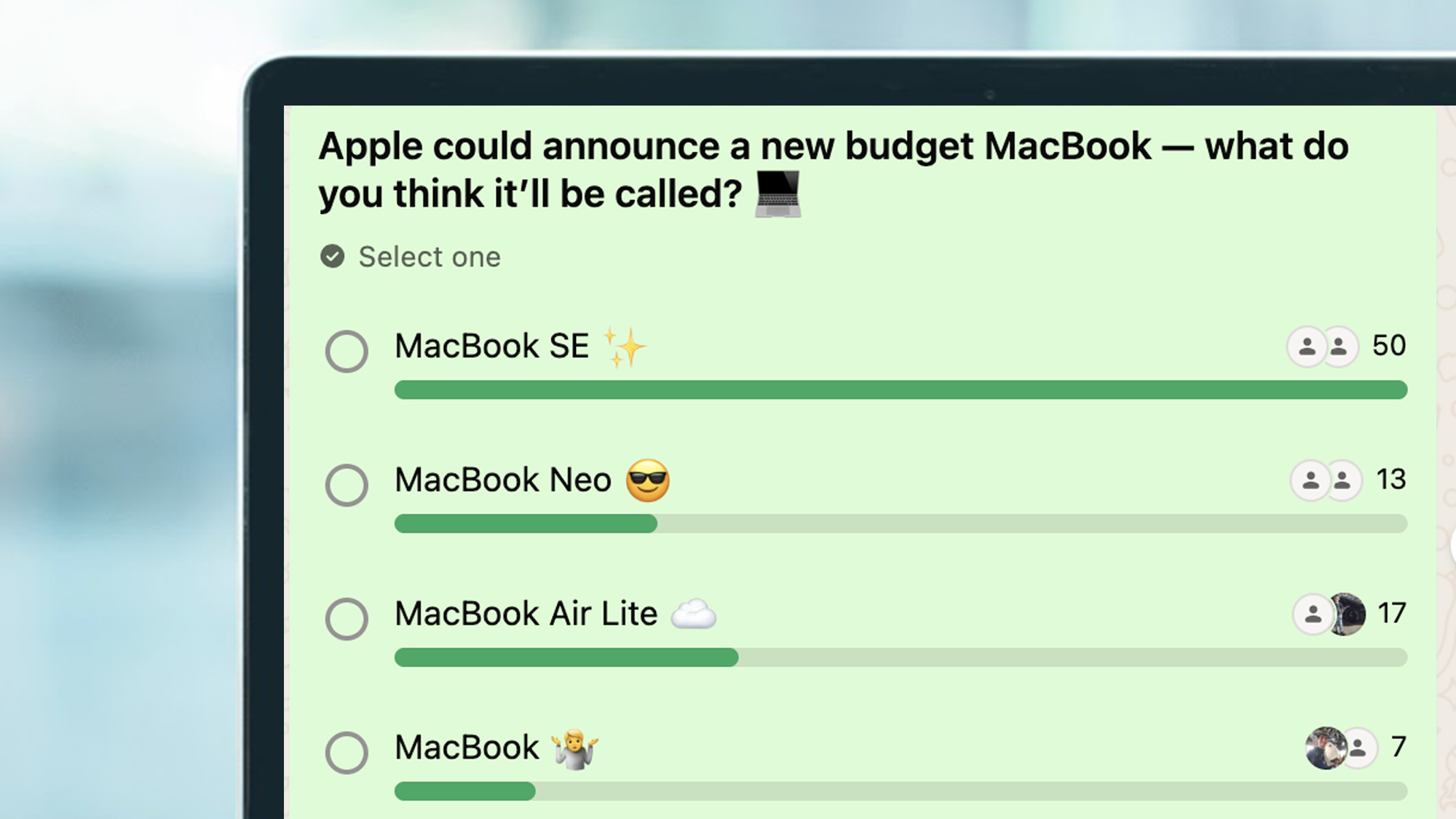 A laptop screen showing a WhatsApp poll