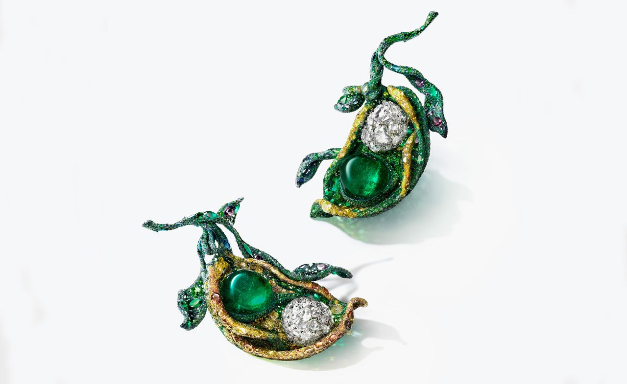 large Cindy Chao brooch in the shape of cardamom pod with leaf and emerald 