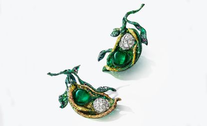 large Cindy Chao brooch in the shape of cardamom pod with leaf and emerald 