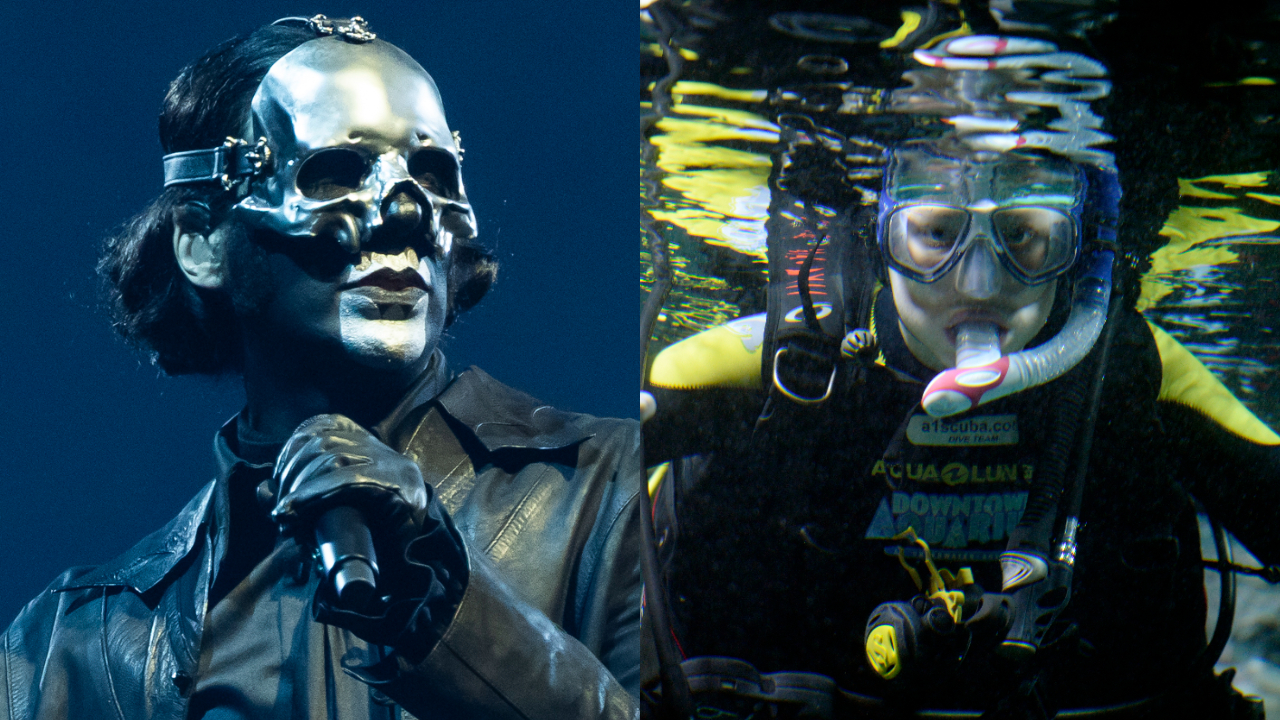 Ghost frontman Tobias Forge onstage in 2025, next to a photo of a scuba diver underwater