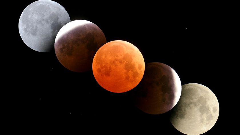 A series of moon images showing the phases of the lunar eclipse, with the moon going through various shadows until it turns red in the middle for the total lunar eclipse
