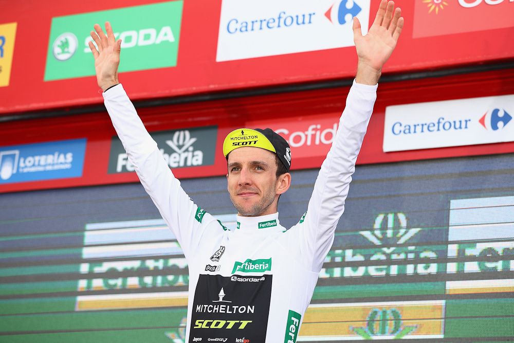 Simon Yates in the white 'combined' jersey after stage 19 at the Vuelta