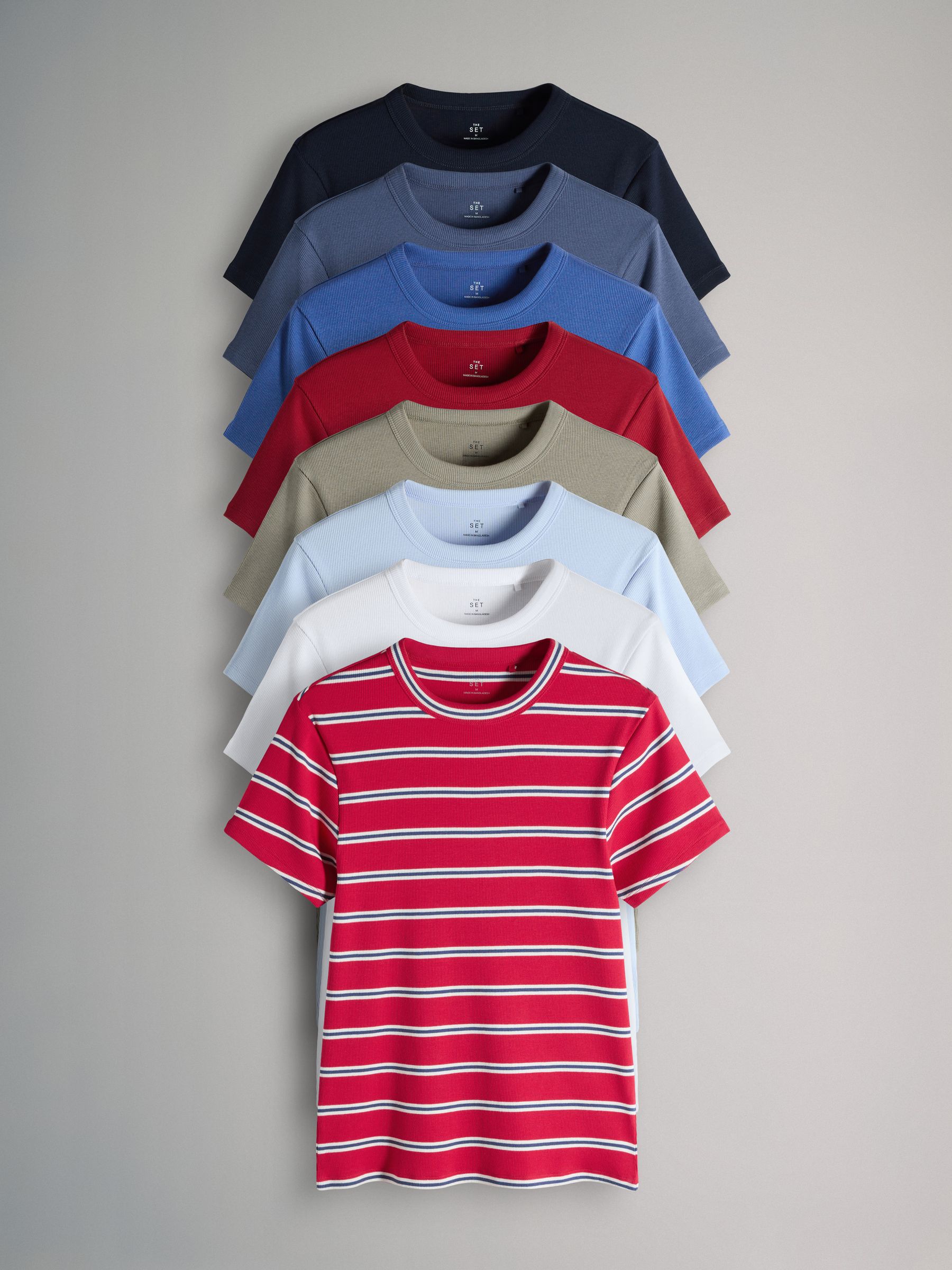 The Set 8 Pack Short Sleeve Ribbed T-Shirts Navy/blue/red/light Green/white/stripe