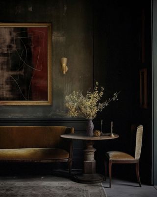 A dark-themed living room/dining area. There is a yellow velvet sofa/lounge seat and a yellow velvet accent chair. There is also a round wooden table with a vase of yellow flowers on it.