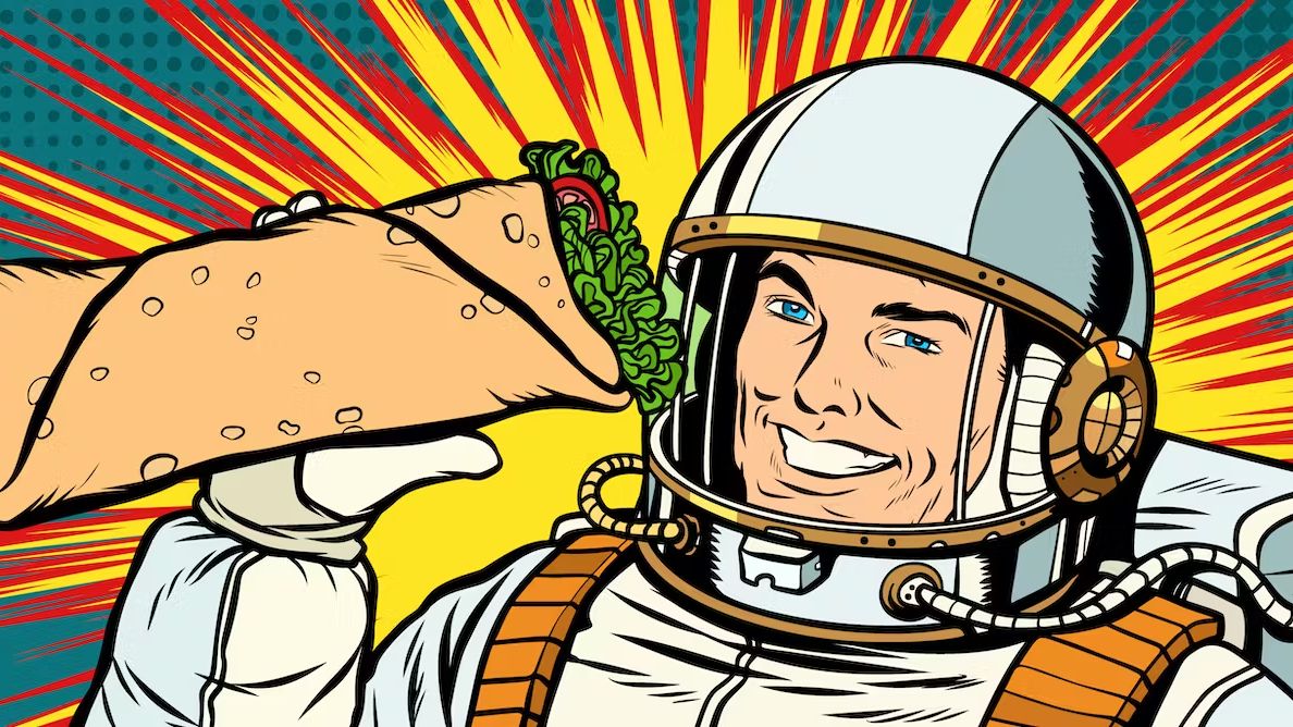 cartoon of an astronaut holding a burrito with a comic book-like shazzaam shape behind him.