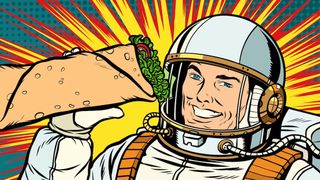 cartoon of an astronaut holding a burrito with a comic book-like shazzaam shape behind him.