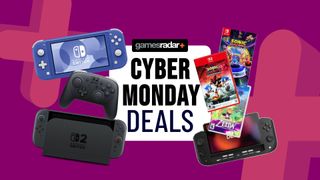 Nintendo Switch consoles, games, and accessories on a purple background with a Cyber Monday deals badge in the centre.