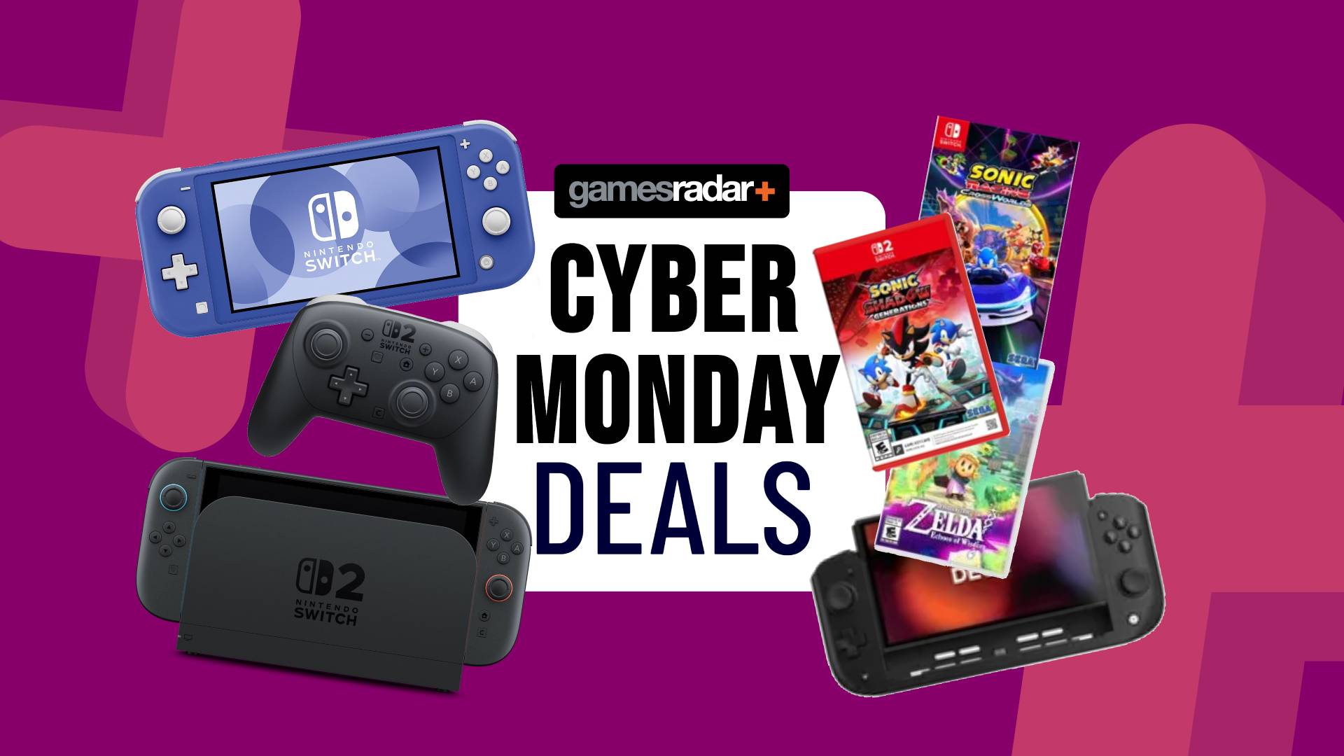 Nintendo Switch consoles, games, and accessories on a purple background with a Cyber Monday deals badge in the centre.