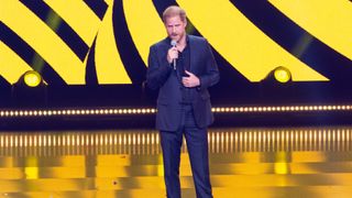 Prince Harry, Due of Sussex, speaks on the stage during the closing ceremony of Invictus games 2023