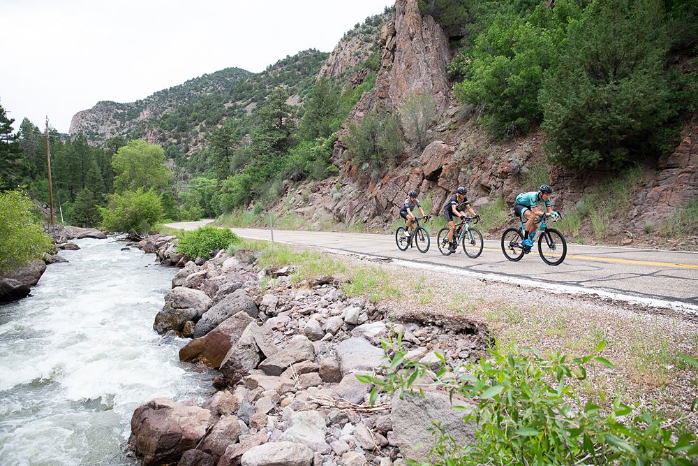 3 riders break away early in the race in Beaver Canyon.
