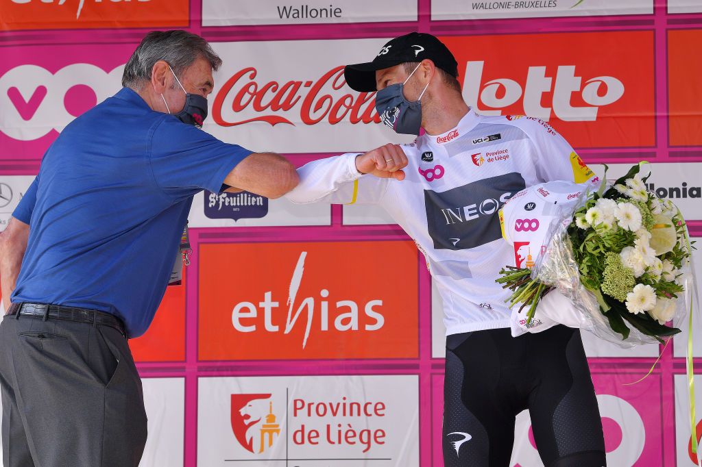 VISE BELGIUM AUGUST 18 Podium Eddy Merckx of Belgium Ex ProCyclist and Michal Golas of Poland and Team INEOS White Mountain Jersey Celebration Covid safety measures during the 41st Tour de Wallonie 2020 Stage 3 a 192km stage from Montzen to Vise TourdeWallonie TRW2020 on August 18 2020 in Vise Belgium Photo by Luc ClaessenGetty Images