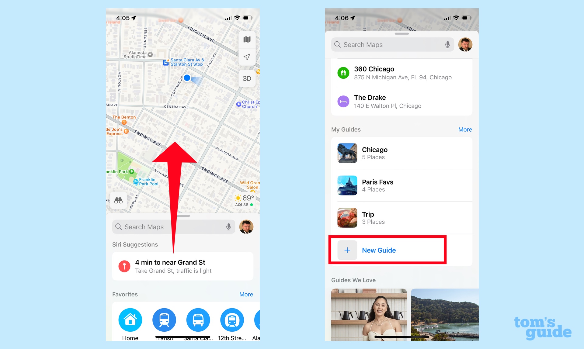 how to create guides in apple maps by swiping up in Guides section of iPhone app