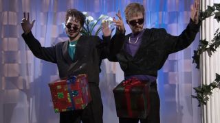 Screenshot of Andy Samberg and Justin Timberlake with present boxes covering their dicks in viral SNL Digital Short 'Dick in a Box.'