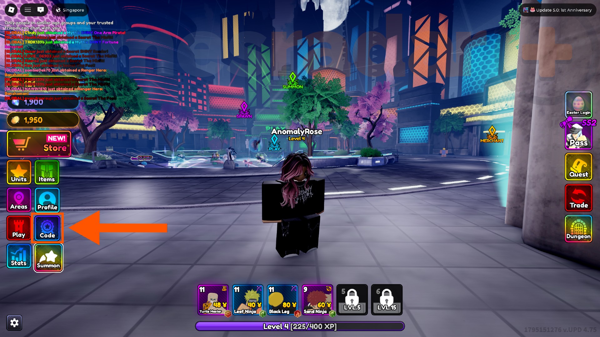 An orange arrow points to the Re Rangers X Codes button on the left-hand side of the lobby screen.