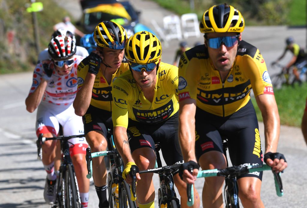 LA ROCHESURFORON FRANCE SEPTEMBER 17 Primoz Roglic of Slovenia and Team Jumbo Visma Yellow Leader Jersey during the 107th Tour de France 2020 Stage 18 a 175km stage from Mribel to La Roche sur Foron 543m TDF2020 LeTour on September 17 2020 in La RochesurForon France Photo by Tim de WaeleGetty Images