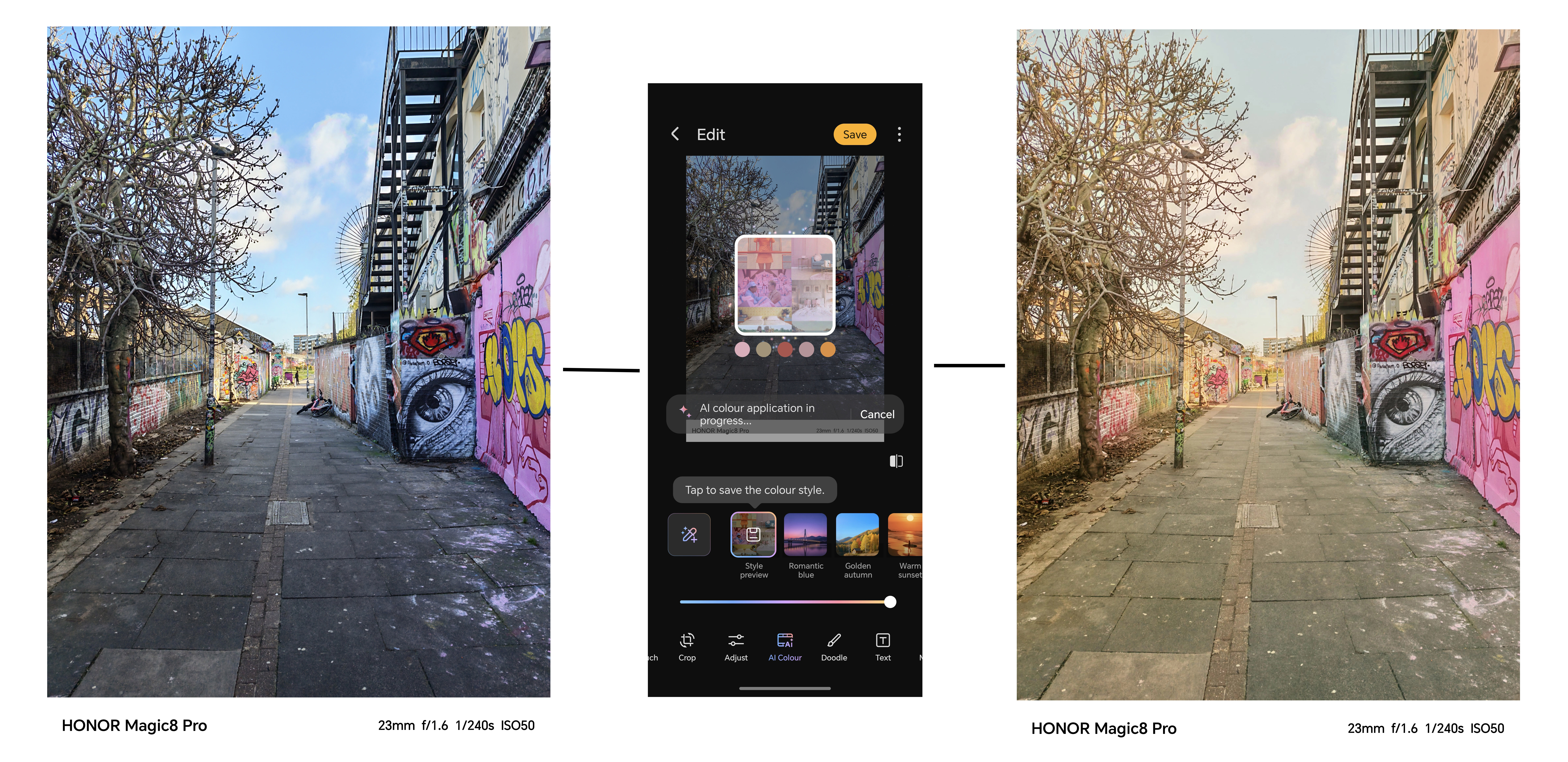 Two photos of a street next to each other with different filters applied demonstrated in the screenshot in the middle