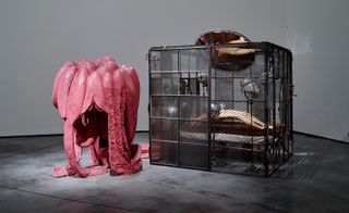 Two features. Left, a pink sculpture in a flower shape .Right, a square cage with items inside.