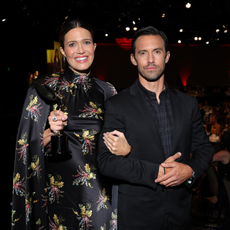 Mandy Moore and Milo Ventimiglia pose backstage during The 2nd Annual HCA TV Awards: Broadcast & Cable at The Beverly Hilton on August 13, 2022 in Beverly Hills, California