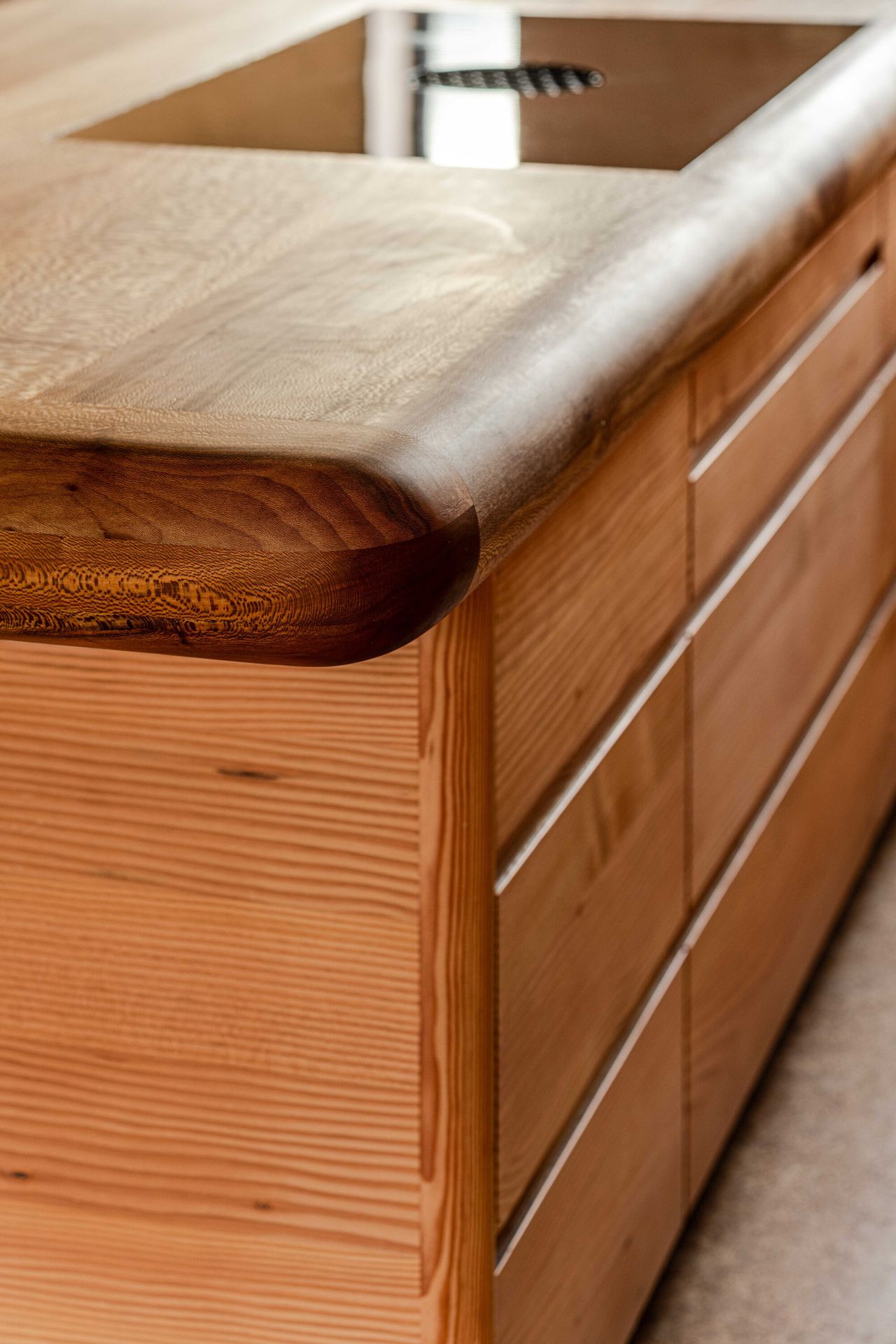 close up of timber kitchen countertop curved edge