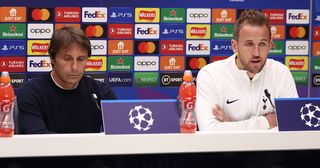 Tottenham Hotspur striker Harry Kane and manager Antonio Conte address a press conference ahead of the UEFA Champions League group D match against Eintracht Frankfurt at Tottenham Hotspur Training Centre on October 11, 2022 in Enfield, England.