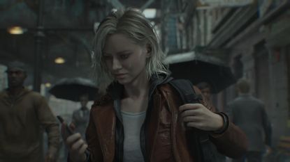 Grace checks her phone on the street in Resident Evil Requiem