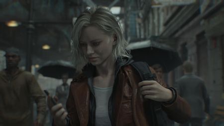 Grace checks her phone on the street in Resident Evil Requiem