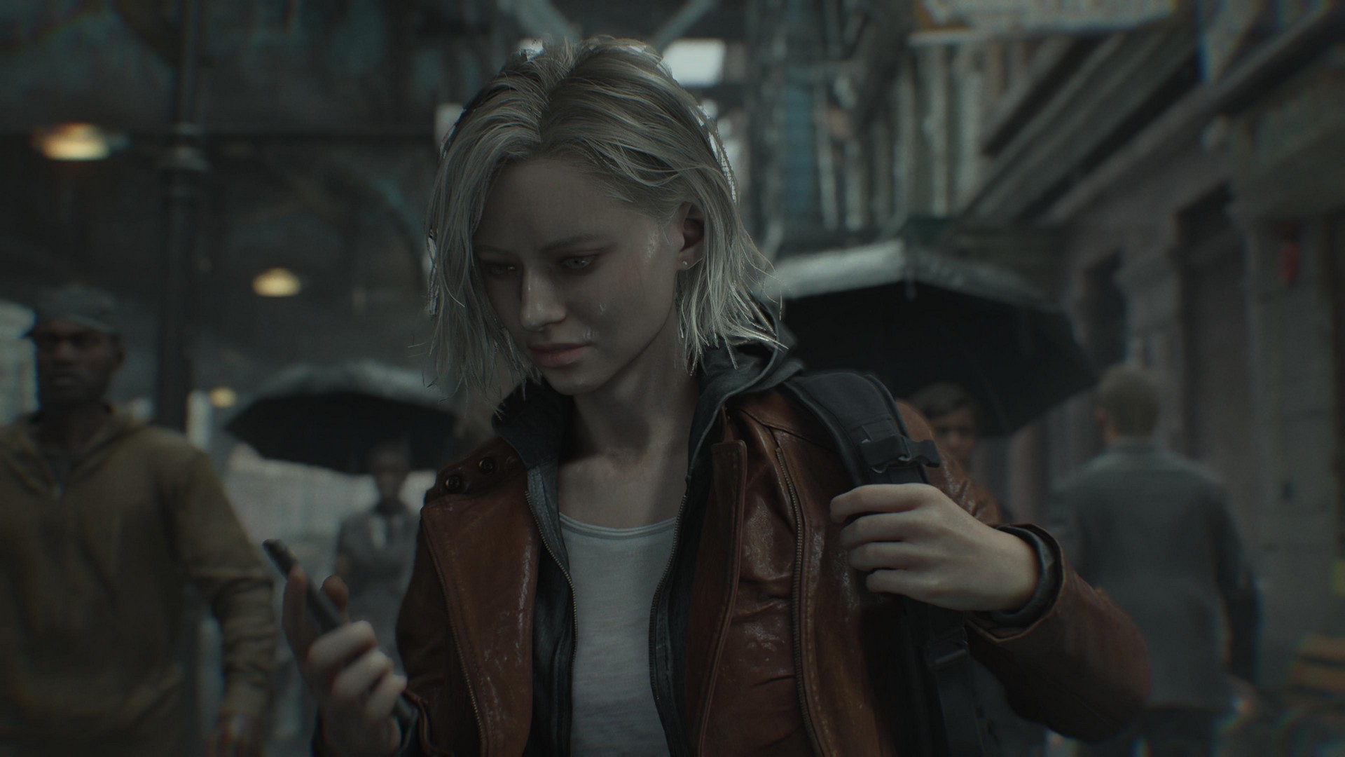 Grace checks her phone on the street in Resident Evil Requiem