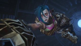 Jinx holding onto Vi's hand as Warwick grabs Jinx's waist in Arcane season 2