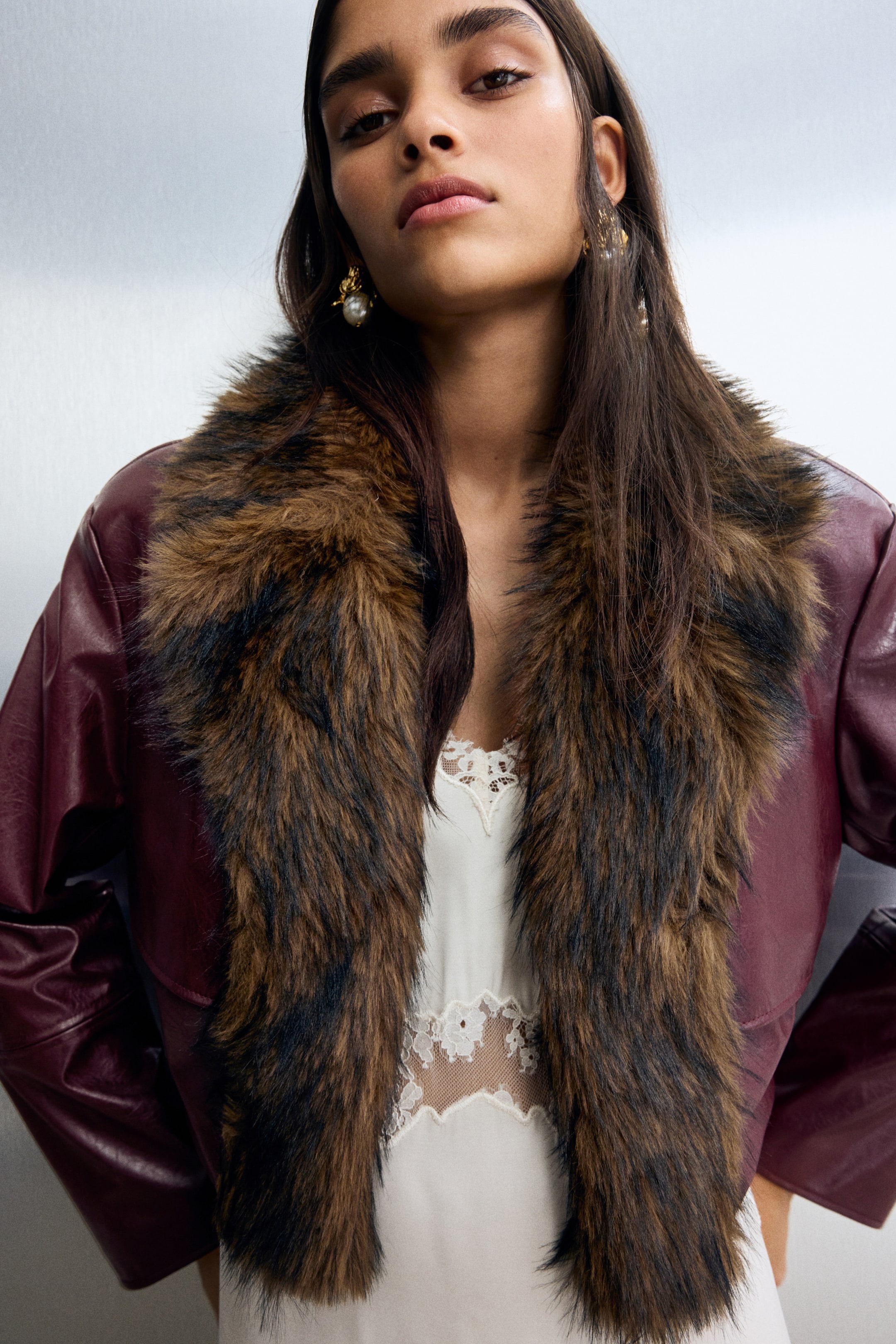 Cropped Coated Jacket - Burgundy/brown